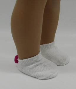 White Ankle Socks with Pom Pom 18 & 15 inch Doll: Hot Pink and Purple 2 Pack