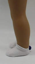 Load image into Gallery viewer, White Ankle Socks with Pom Pom 18 &amp; 15 inch Doll: Hot Pink and Purple 2 Pack

