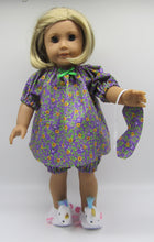 Load image into Gallery viewer, 18" Doll Pajamas 3 Pc: Purple Seersucker w Flowers
