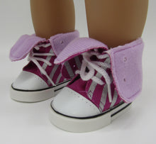 Load image into Gallery viewer, High Top Tennis Shoes 18 inch Doll: Purple &amp; Silver Stripes
