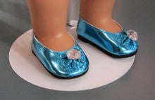 Load image into Gallery viewer, Glitter Bow 18 &amp; 15 inch Doll Dress Shoes w Gem: Bright Blue
