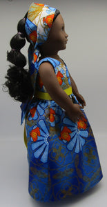 Authentic African 2 Pc Block Print Dress 18 inch Doll: Blue Border