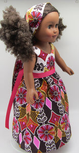 18" Doll Authentic African Print 2 Pc Dress: Pink, Black & Gold Border