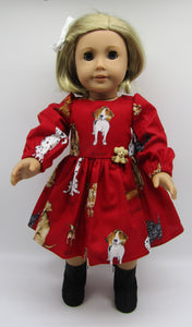18" Doll Long Sleeved Dog-Print Dress: Red