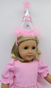 18" Doll Glittery Happy Birthday Dress w Hat: Pink