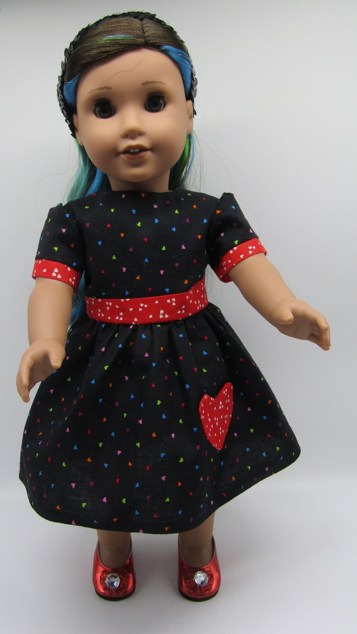 Banded Heart-Print Dress 18 inch Doll: Black & Red Banded Heart-Print Dress 18 inch Doll: Black & Red