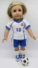 Load image into Gallery viewer, 18&quot; Doll Soccer 6 Pc Outfit: Blue &amp; White
