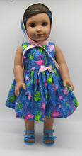 Load image into Gallery viewer, 18&quot; Doll Flamingo-Print Dress w Headscarf: Blue
