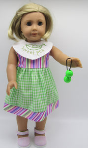 18" Doll Hand Embroidered Dress: Green & Pink w Sweet Pea