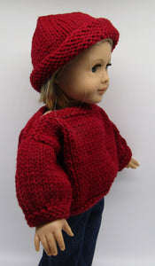 18" Doll Hand Knitted Sweater & Hat: Dark Red
