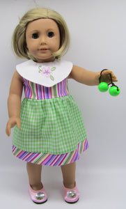 18" Doll Hand Embroidered Dress: Green & Pink w Flower