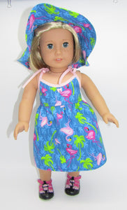 18" Doll Flamingo Sun Dress & Floppy Hat: Blue