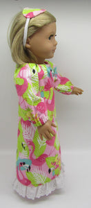 Flamingo Nightgown 18 inch Doll 2 Pc: Bright Green & Pink