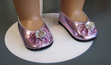 Load image into Gallery viewer, Glitter Bow 18 &amp; 15 inch Doll Dress Shoes w Gem: Light Purple
