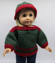 Load image into Gallery viewer, 18&quot; Doll Hand Knitted Sweater &amp; Hat: Forest Green &amp; Burgundy
