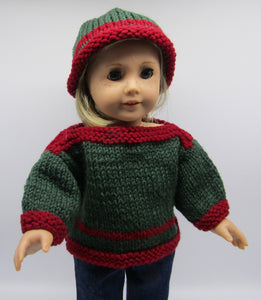 18" Doll Hand Knitted Sweater & Hat: Forest Green & Burgundy