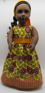 18" Doll Authentic African 2 Pc Block Print Dress: Orange & Red