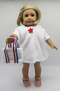18" Doll 3Pc Swim Set: Patriotic Swimsuit w White Fleece Robe