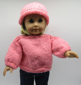 18" Doll Hand Knitted Sweater & Hat: Peach