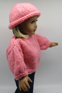 18" Doll Hand Knitted Sweater & Hat: Peach