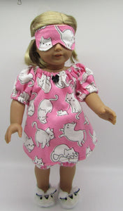 18" Doll Pajamas 3 Pc: Kitty Pink & White