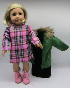 18" Doll Pink & Green 3 Piece Dress, Coat & Boots Set