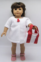 Load image into Gallery viewer, 18&quot; Doll 4 Pc Swim Set: Red &amp; White Dotted w White Fleece Robe
