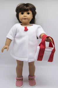 18" Doll 4 Pc Swim Set: Red & White Dotted w White Fleece Robe