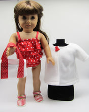 Load image into Gallery viewer, 18&quot; Doll 4 Pc Swim Set: Red &amp; White Dotted w White Fleece Robe
