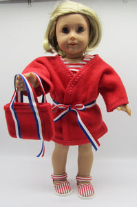 18" Doll 3 Pc Swim Set: Red, White & Blue w Red Fleece Robe