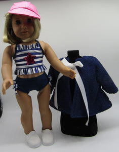 18" Doll 4 Pc Swim Set: Blue & White Striped w Terry Robe