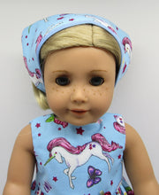 Load image into Gallery viewer, 18&quot; Doll Unicorn Dress w Headscarf: Blue
