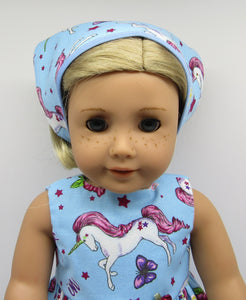 18" Doll Unicorn Dress w Headscarf: Blue