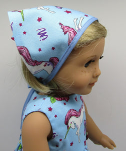 18" Doll Unicorn Dress w Headscarf: Blue