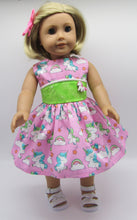 Load image into Gallery viewer, 18&quot; Doll Unicorn Dress: Pink w Bright Green Inset
