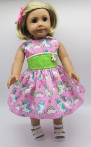 18" Doll Unicorn Dress: Pink w Bright Green Inset