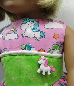 18" Doll Unicorn Dress: Pink w Bright Green Inset