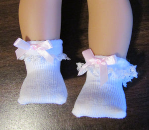 18" & 15" Doll Lace-Trimmed Socks w Pink Satin Bow: White