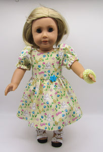 18" Doll Spring Dress w Bunnies, Chicks & Flowers: Yellow