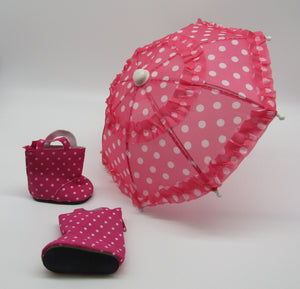 18" Doll Umbrella & Rainboots: Hot Pink Dotted