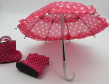 Load image into Gallery viewer, 18&quot; Doll Umbrella &amp; Rainboots: Hot Pink Dotted
