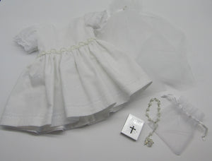 18" Doll First Communion 5 Pc Outfit: Allover Eyelet w Beading