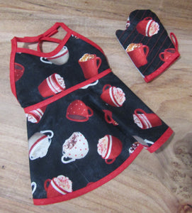 18" Doll Apron Set: Black & Red Flared w Hot Cocoa