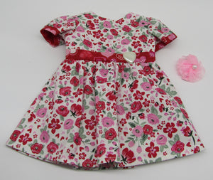 18" Doll Flowers & Hearts Banded Dress: White w Red
