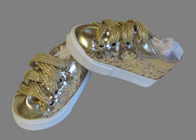 Load image into Gallery viewer, Glitter No-Tie Tennis Shoes 18 &amp; 15 inch Doll: Gold
