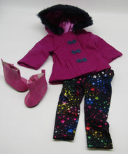 Load image into Gallery viewer, 18&quot; Doll Magenta 3 Piece Peacoat, Leggings &amp; Boots Set
