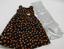 Load image into Gallery viewer, Long Glittery Candy Corn Print Dress  &amp; Sequin Arm Scarf 18 inch Doll
