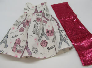 Glittery Long Paris-Print Dress & Sequin Arm Scarf 18 inch Doll: Bright Pink