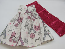 Load image into Gallery viewer, Glittery Long Paris-Print Dress &amp; Sequin Arm Scarf 18 inch Doll: Bright Pink
