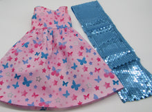 Load image into Gallery viewer, Long Butterfly-Print Dress w Silver Accents &amp; Sequin Arm Scarf 18 inch Doll
